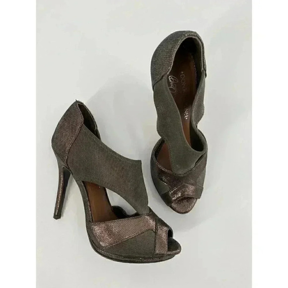 Donald J Pliner Women's Pausha Peep Toe Side Cut Leather Canvas Pumps Bronze 6 - Picture 3 of 8